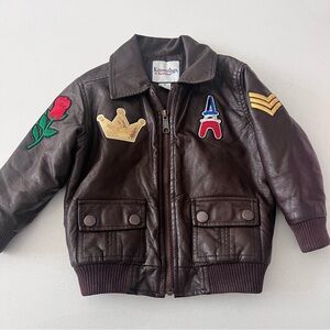 Kitestrings By Hartstrings Kids Bomber Jacket Brown Faux Leather Patches Size 3T